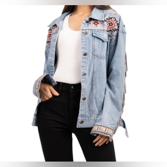 Aztec Denim Jacket W/Fringe - Picture 3 of 3
